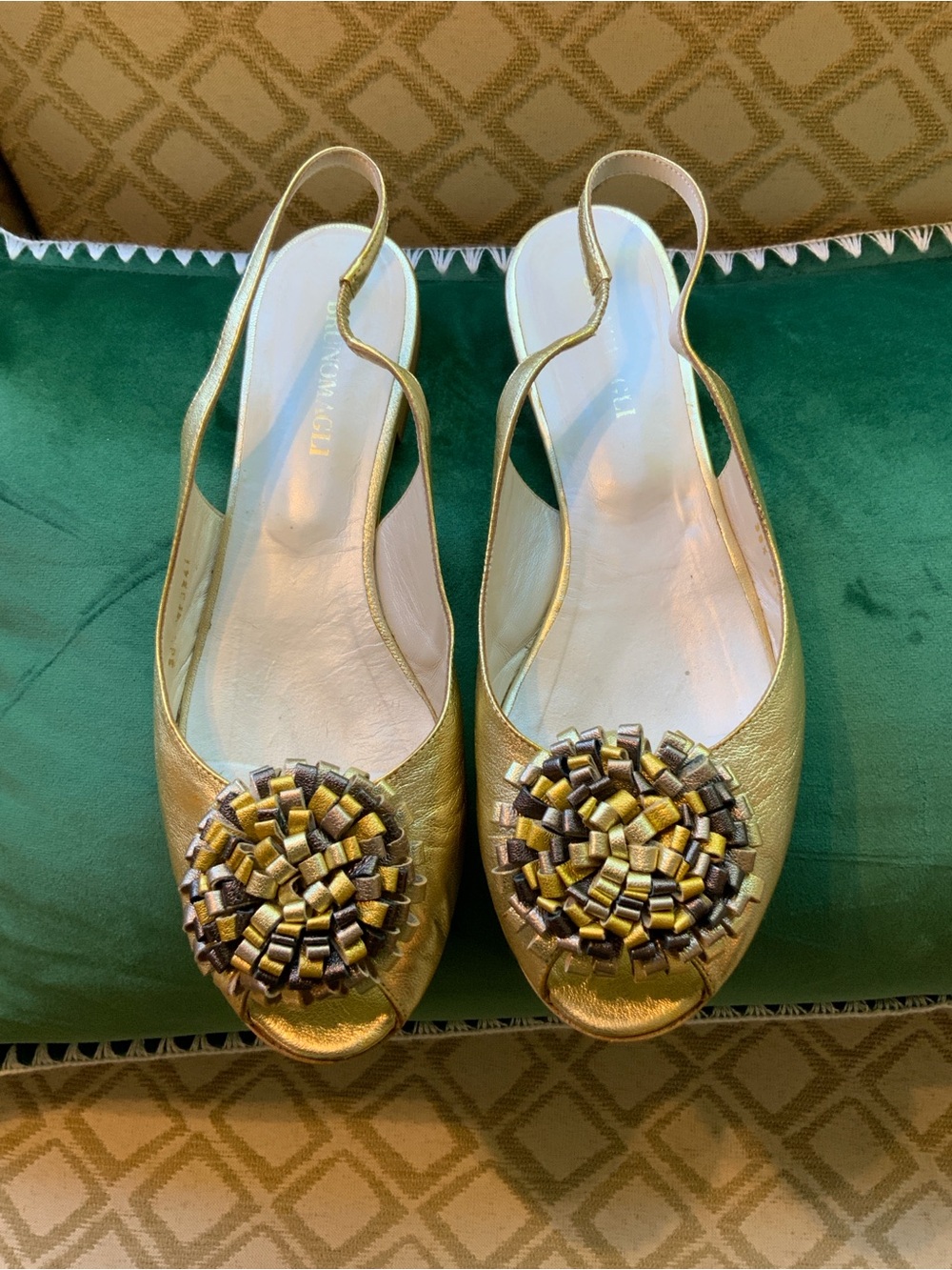 Bruno Magli Gold Slingback Flats with Rosette Embellishment